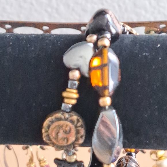Black & Amber Art Glass, Golden and Hematite Charm Double Strand Beaded Bracelet - Picture 3 of 12